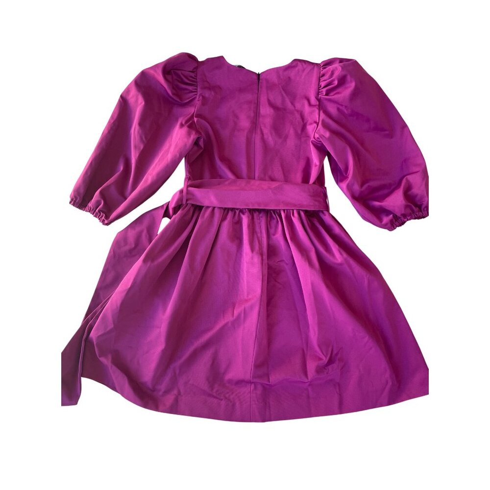 LaRoque Emma Small Puff Sleeve Mini Dress Magenta Fuchsia Cotton V-Neck Tie Wais - Picture 7 of 10